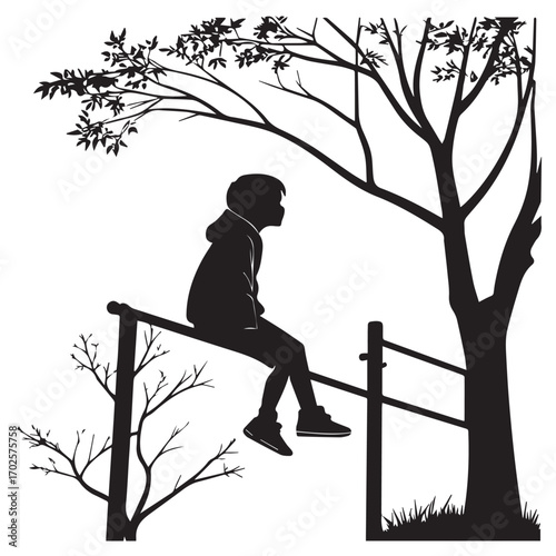Silhouette of a young boy sitting on a horizontal bar under a tree, isolated on white background