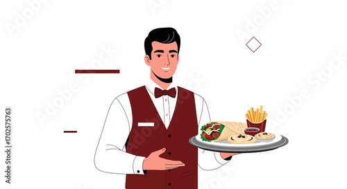 Sophisticated Attendant Presents Delectable Culinary Offerings on Silver Platter for Service