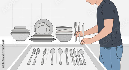 Putting The Silverware Away After Washing Dishes, A Kitchen Chore In Progress