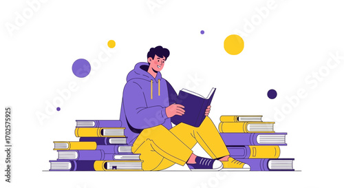 Reading Enthusiast Lost In The Pages Of A Book Surrounded By Stacked Literature