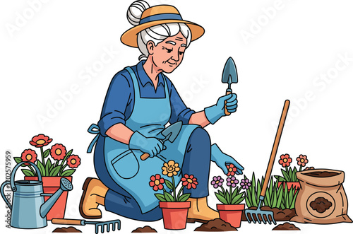 Elderly woman gardening with flowers and tools, senior grandmother planting plants in pots, enjoying outdoor hobby, nature and healthy lifestyle