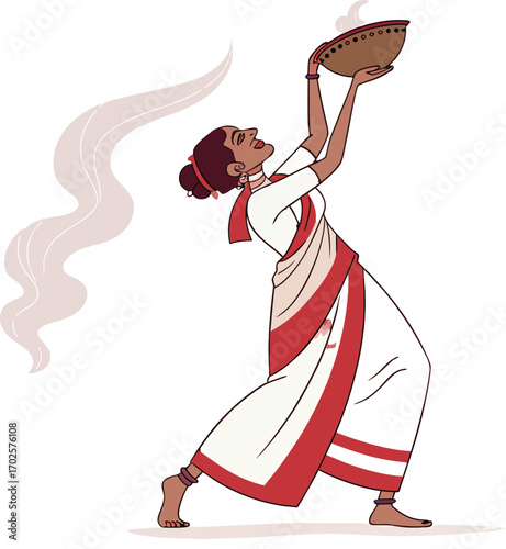 Indian woman performing a ritual with a bowl, celebrating culture and traditions with grace