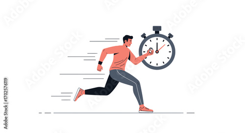 Sporty Person Racing Agains The Clock: Time Management Efficiency And Speed Concept