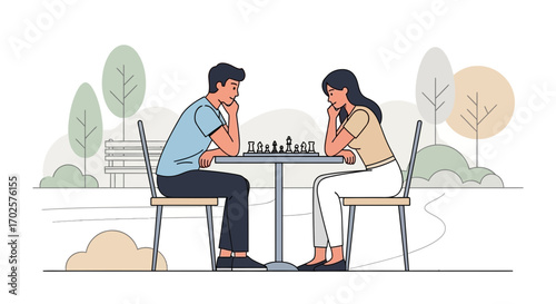 Strategic Minds Engage In A Chess Match Outdoors With Park Scenery As The Backdrop