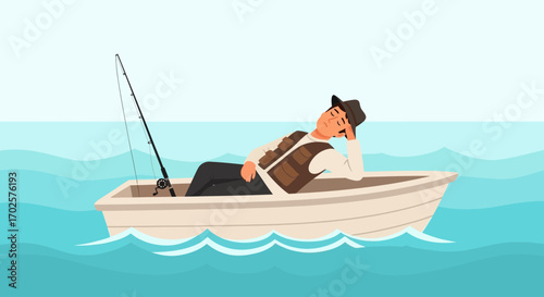 Relaxed Fisherman Takes A Nap While Awaiting A Fish Catching In The Calm Sea Waters