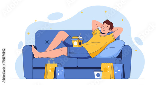 Relaxed Man Lounging On Couch, Shopping Bags Symbolize Leisurely Weekend
