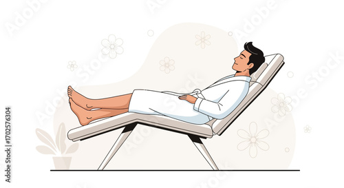 Relaxed Man In White Robe Lounging On A Modern Chaise Lounge Vector Illustration