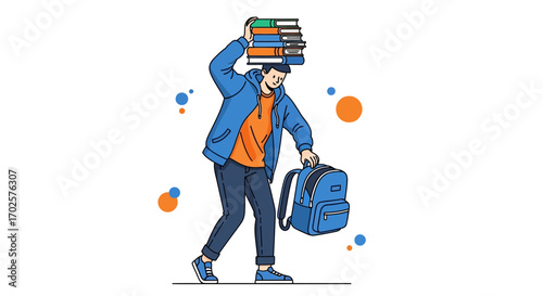 Student Balancing Books and Backpack Illustrating Academic Overload or University Life