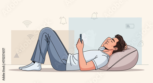 Relaxed Man Using Phone Lying On a Pillow, Technology and Leisure Illustration
