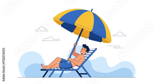 Relaxed Person Enjoying Sunshine Lying On Beach Chair Beneath Vibrant Umbrella