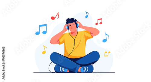 Relaxed Person Listening Music, Musical Notes Floating Around, Serene Ambiance Graphic