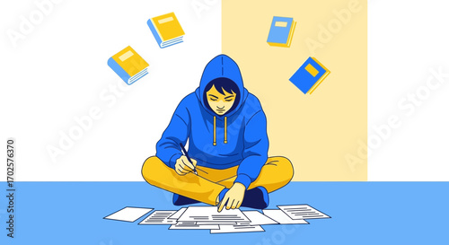 Student Concentrating On Study With Books Floating Around In Illustrative Style Design