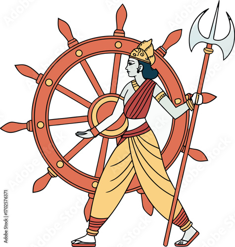 Ancient Indian deity with wheel and trident, representing strength, culture, and spirituality
