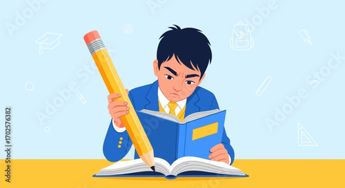 Student Concentrating Deeply on Reading Book With Oversized Yellow Pencil and Focus