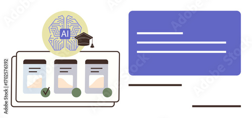 AI brain icon and graduation cap with categorized module cards, checkmarks, and information board. Ideal for education, e-learning, technology, innovation, progress, digital tools simple flat