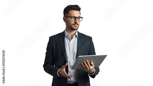 Confident Businessman in Gray Suit Holding Tablet – Professional Corporate Portrait on Gray Background