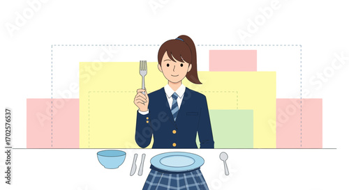 Student Demonstrating Proper Dining Etiquette with a Fork Over a Plated Table Setting