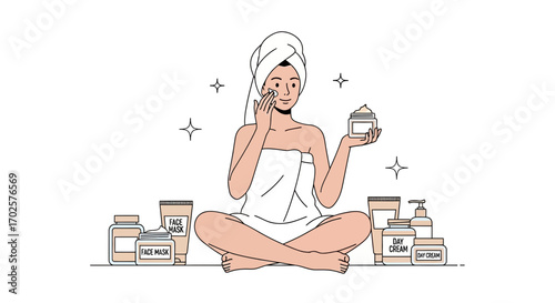 Relaxed Woman In Towel Applies Skincare Products To Her Face With Joyful Expression