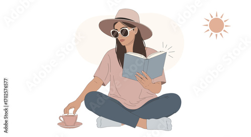 Relaxed Woman Reading Outdoors, Enjoying Coffee, Under The Sun, Summer Activity