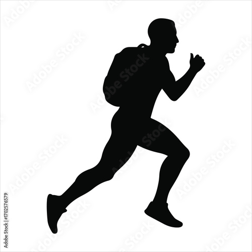 Dynamic silhouette of a runner with backpack in motion capturing a sense of adventure and fitness
