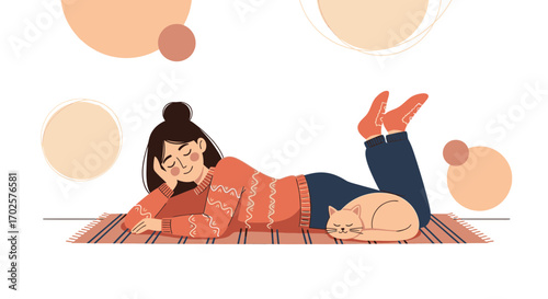 Relaxed Woman Lying Down with Cat in a Cozy Setting, Harmony and Comfort