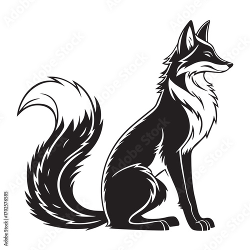 Stylized black and white illustration of a sitting fox with a bushy tail, isolated on white background