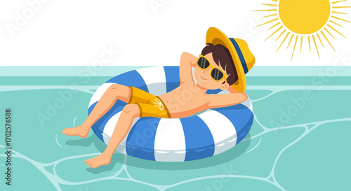 Relaxed Young Person Floating Leisurely In A Ring In The Sparkling Water