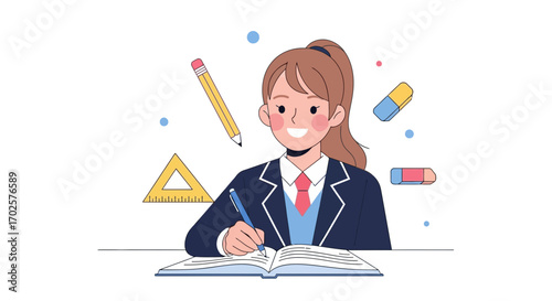 Student diligently writing in notebook, with school supplies: education, learning, writing
