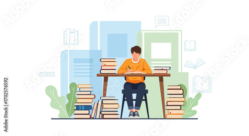 Student Diligently Studying At Desk Surrounded With Books, Focusing On His Work