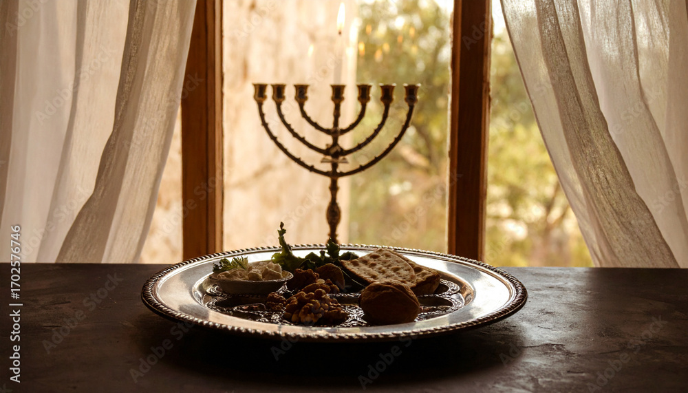Fototapeta premium Seder Plate Minimal Silhouette with Soft Backlight. Passover Jewish Festival. Generated Image
