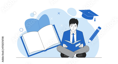 Student Exploring Books Embracing Higher Education and Academic Pursuit Illustration