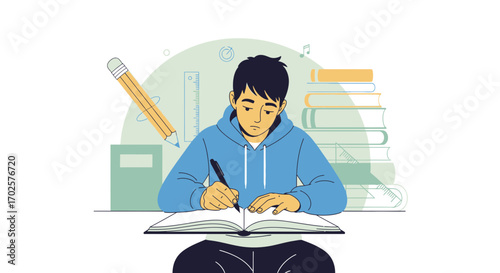 Student Focused On Studies, Illustrative Depiction Of Education, Pen And Book Conceptualization