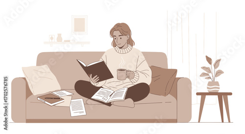 Relaxing Reader Enjoys Solitude Whilst Absorbing Knowledge With Hot Beverage In Hand