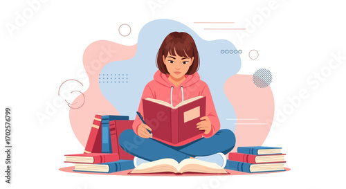 Student Immersed In Literary Study, Absorbing Knowledge Through Intricate Details In Books