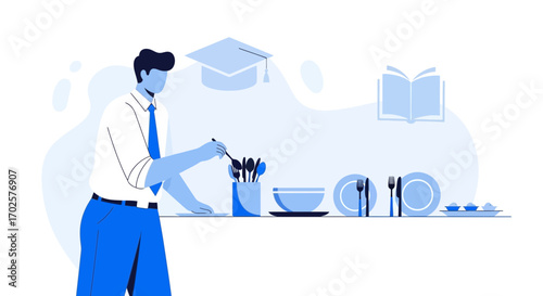 Student Preparing Culinary Delights Amidst Academic Paraphernalia In Modern Illustration