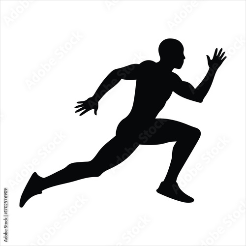 Dynamic black silhouette of a male runner in full stride accelerating forward