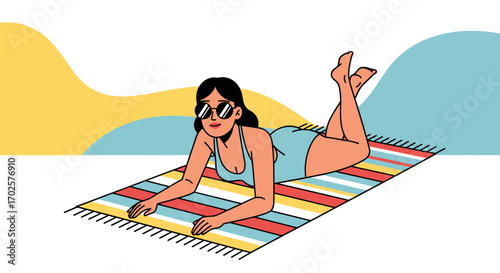 Relaxing Woman On Beach Towel: A Sunny Day Depiction In Illustration Format