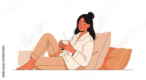 Relaxing Woman Sipping Beverage in Bed, Perfect for Peaceful Moments and Relaxation