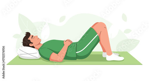 Relaxing Young Man Lying on a Mat, Breathing Calmly, Enjoying Some Restful Moments