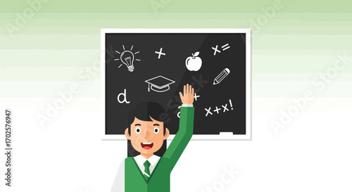 Student Raising Hand In Front Of Blackboard Showing Basic Math And Education Concepts