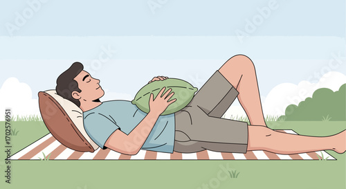 Relaxing Young Person On A Blanket With Pillow Outdoors In Summertime
