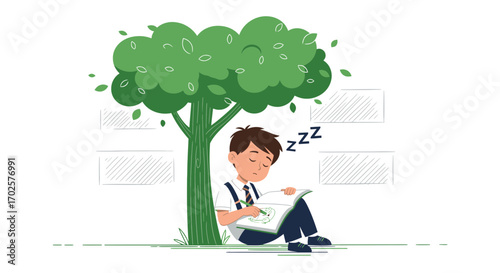 Student Snoozing Beneath a Lush Green Tree, Dreaming While Taking a Creative Break