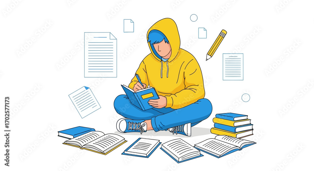 Naklejka premium Student Writing And Learning With Books And Papers In An Illustrative Educational Setting