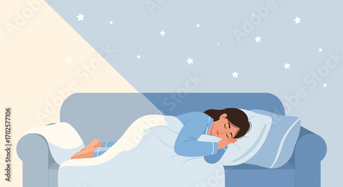 Restful Woman Sleeping Peacefully Under Blanket Amidst Starry Night Scene