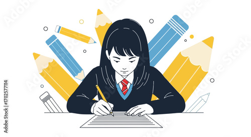 Student Writing An Essay, Surrounded By Educational Symbols, Focused Study Concepts