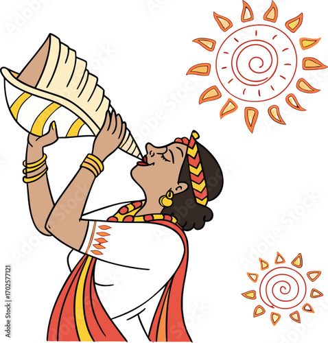 Woman blowing a conch shell during a cultural celebration with vibrant sun illustrations