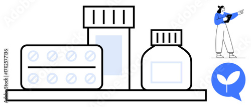 Medicine bottles, blister pack, tablet containers. Woman pointing to a tablet with a leaf symbol. Ideal for healthcare, pharmacy, eco-consciousness, wellness, medicine technology simple landing