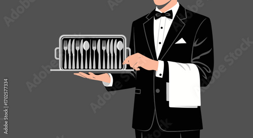 Stylish Server Presenting Utensils on a Tray for Elegant Dining Services Illustrations