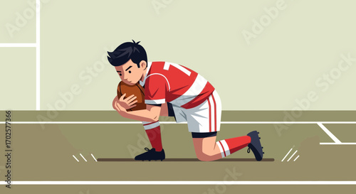 Rugby Player Kneeling On The Field, Attempting To Score A Try, Sport Concept
