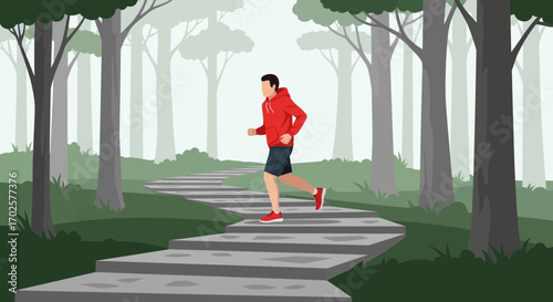 Runner Ascending Steps in Forest, Embracing Fitness and Outdoor Exercise